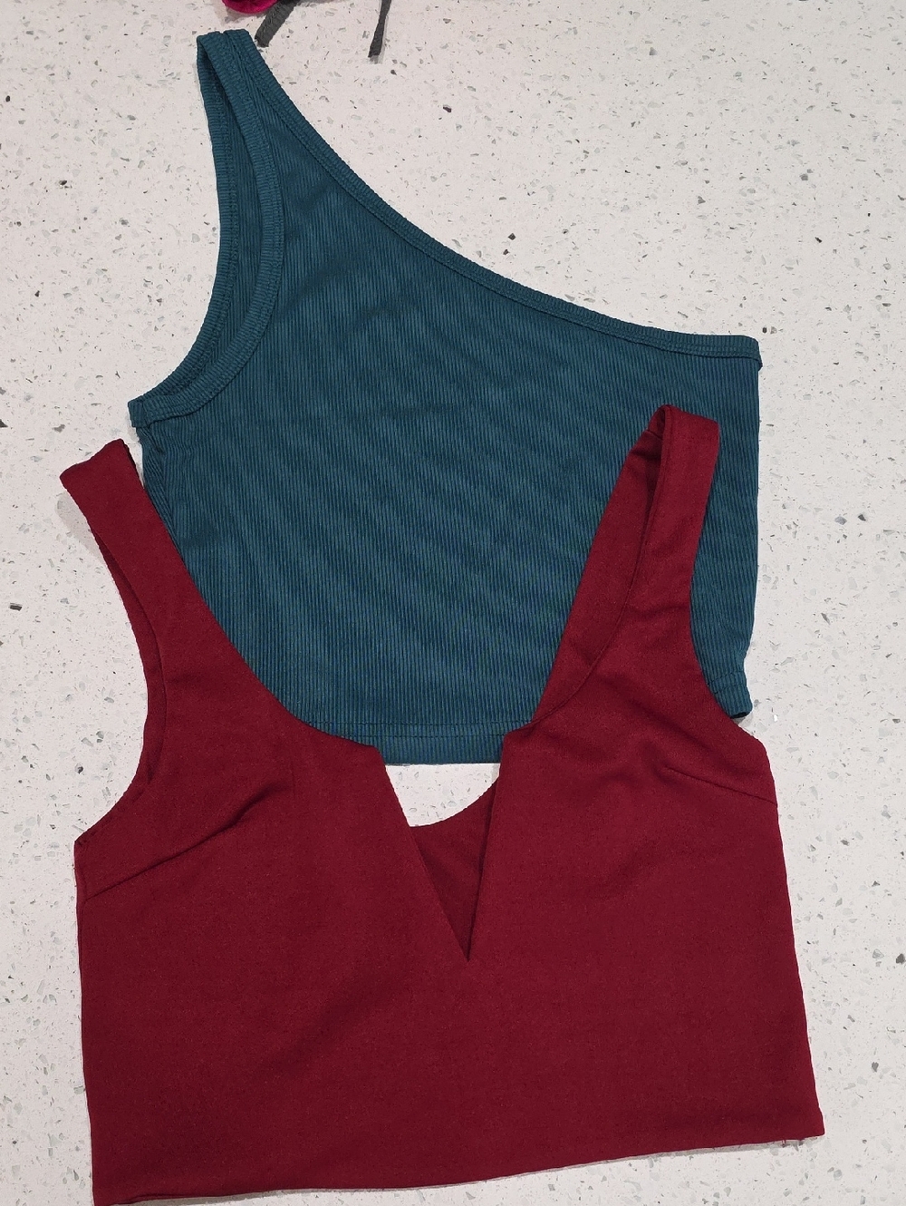 1 Set Of 2 Tops One-Shoulder Teal Crop Top + Burgundy V-Neck Crop Top
